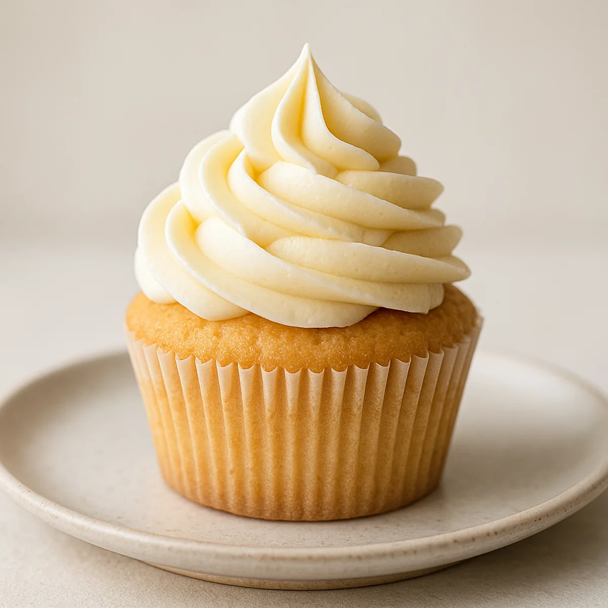 Cupcake mit Buttercreme-Frosting auf einem hellen Teller